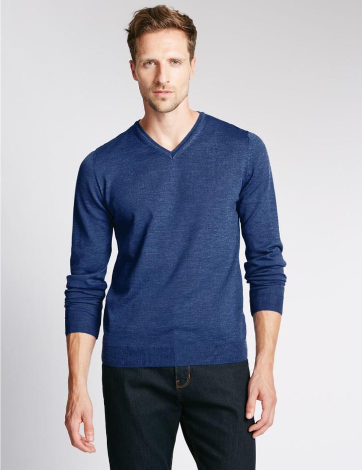 Marks & Spencer Merino Wool Rich Slim Fit Jumper With Silk Prussian