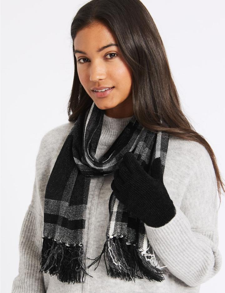 Marks & Spencer Checked Scarf & Gloves Set Black Mix