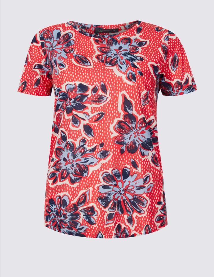 Marks & Spencer Floral Print Round Neck Short Sleeve T-shirt Red Mix