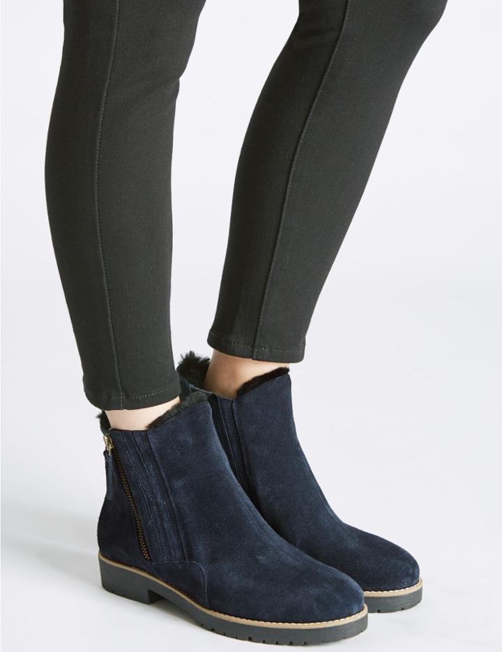 Marks & Spencer Wide Fit Leather Side Zip Fur Ankle Boots Navy