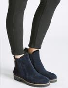 Marks & Spencer Wide Fit Leather Side Zip Fur Ankle Boots Navy