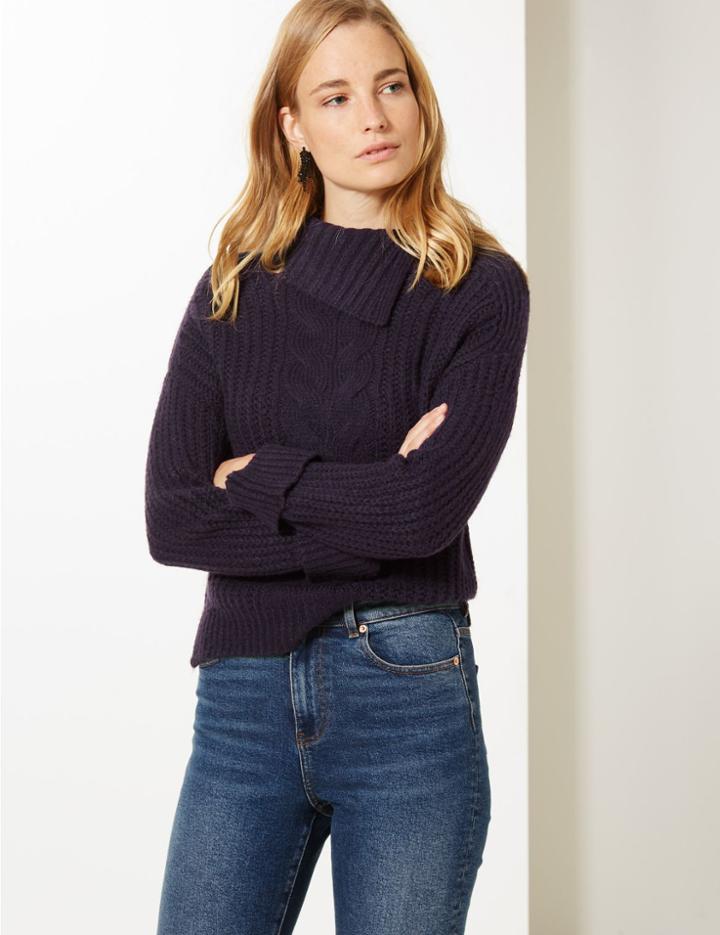 Marks & Spencer Split Neck Cable Jumper Deep Purple