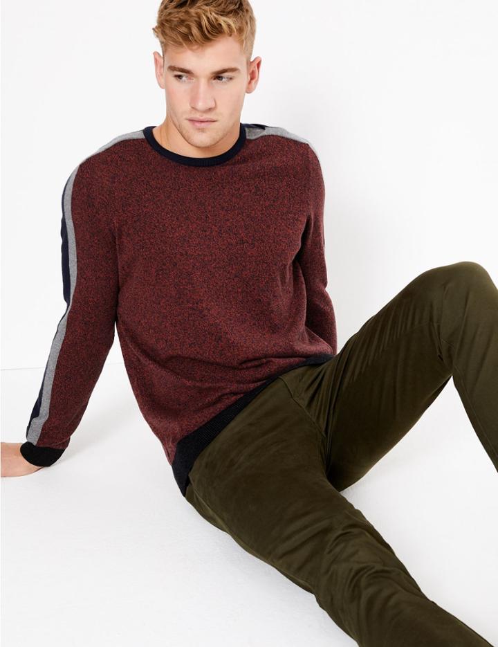 Marks & Spencer Cotton Rich Side Stripe Crew Neck Jumper Rust Mix