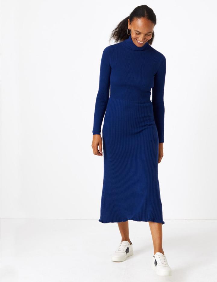 Marks & Spencer Ribbed Fit & Flare Knitted Dress Rich Blue