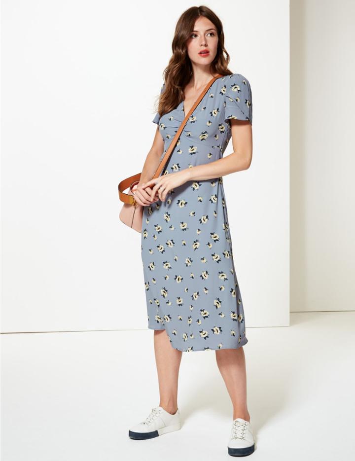Marks & Spencer Floral Print Short Sleeve Tea Midi Dress Blue Mix