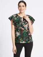 Marks & Spencer Floral Print Woven Front T-shirt Black Mix