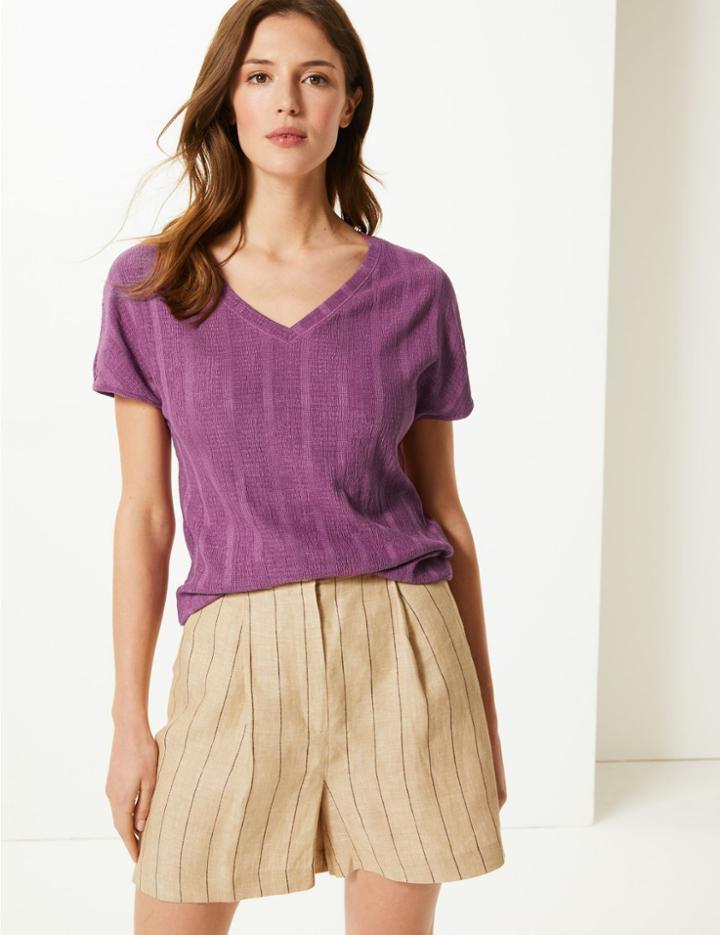 Marks & Spencer Textured V-neck Short Sleeve T-shirt Dark Magenta
