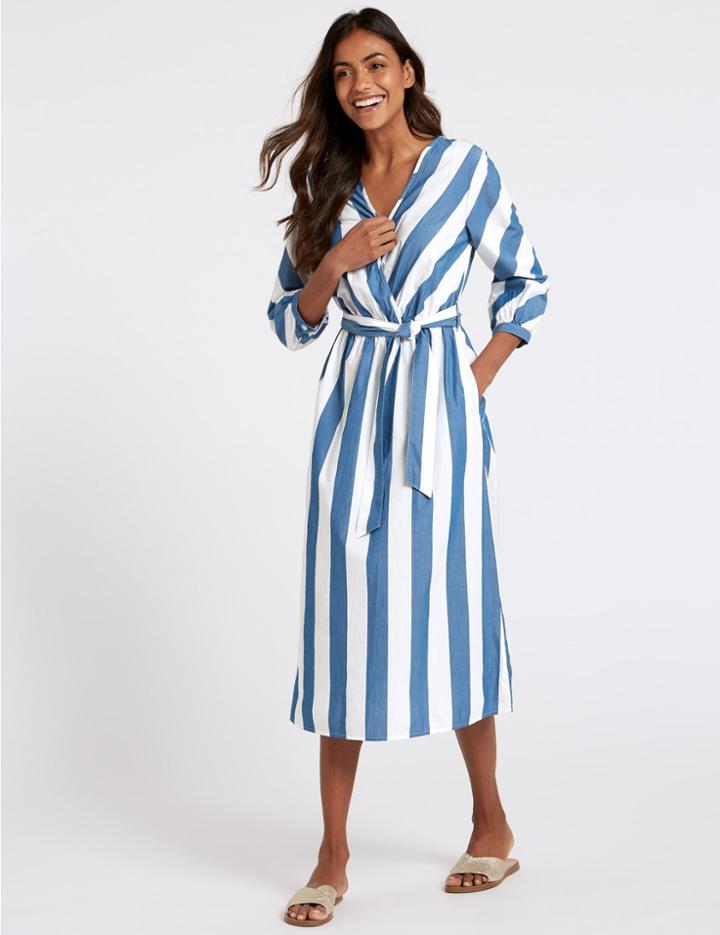 Marks & Spencer Pure Cotton Striped Wrap Midi Dress Navy Mix