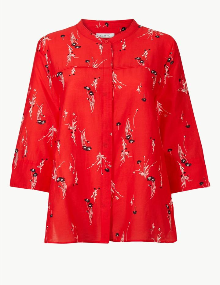 Marks & Spencer Floral Print Round Neck 3/4 Sleeve Shirt Red Mix