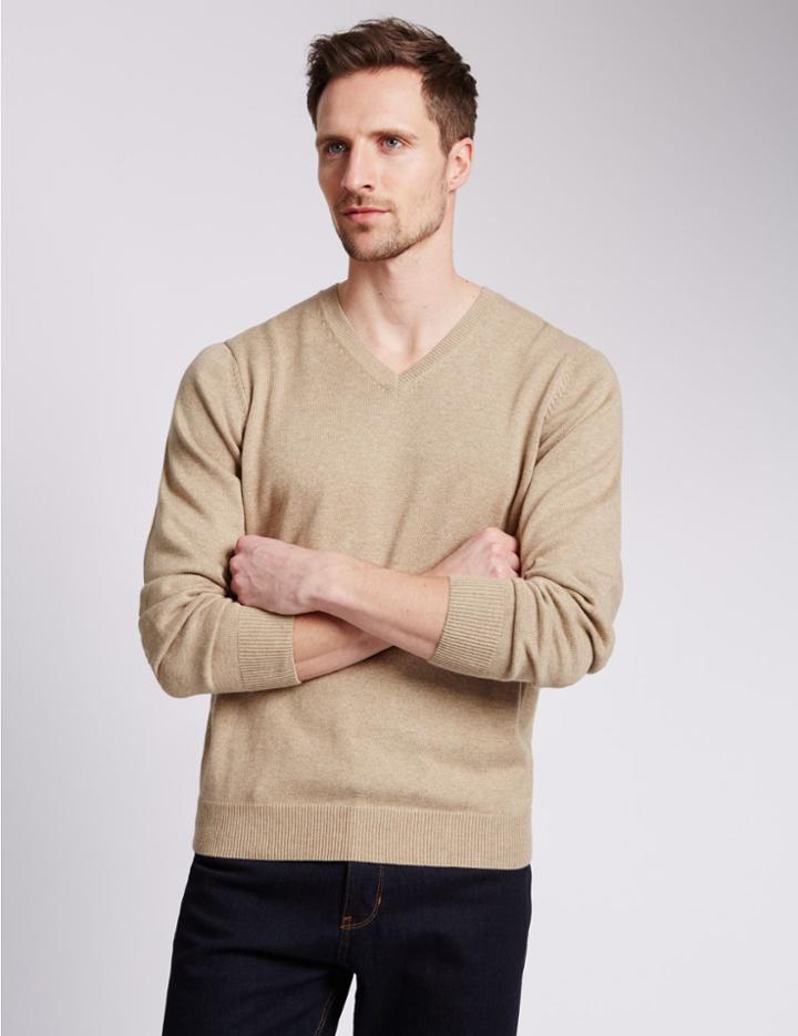 Marks & Spencer Pure Cotton V-neck Jumper Natural Mix