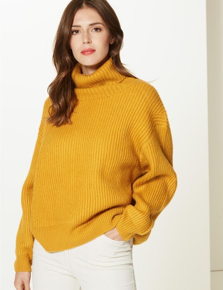 Marks & Spencer Textured Roll Neck Jumper Ochre