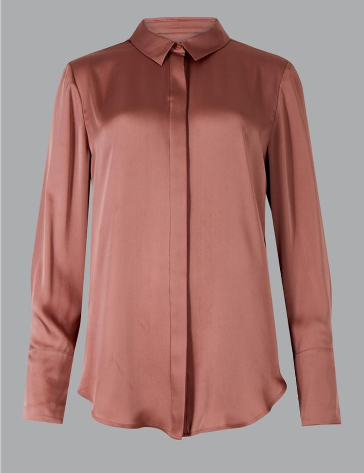 Marks & Spencer Satin Long Sleeve Shirt Dusky Rose