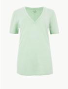 Marks & Spencer Cotton Rich V-neck Straight Fit Slub T-shirt Light Mint