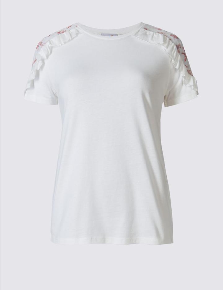 Marks & Spencer Modal Rich Shoulder Frill Jersey Top Ivory Mix