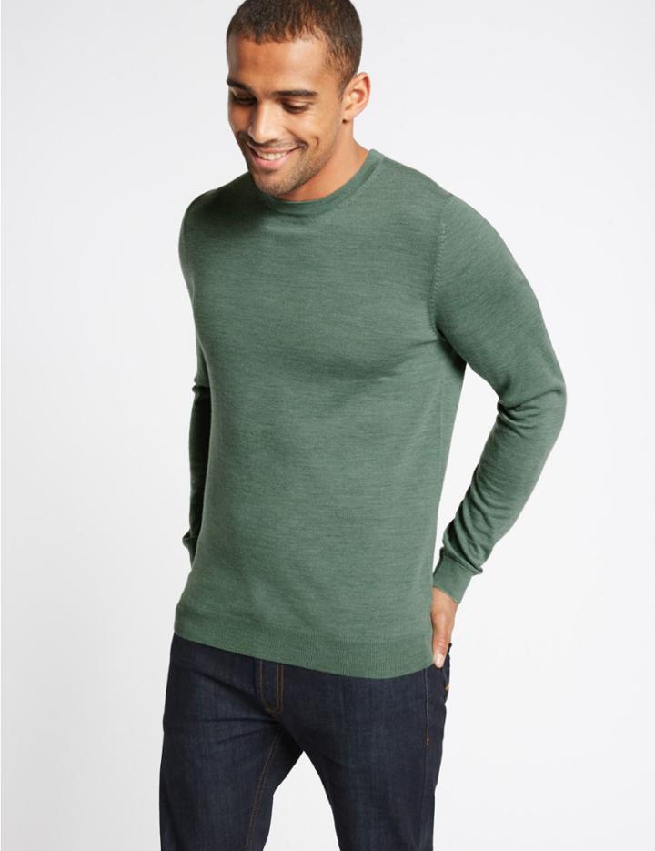 Marks & Spencer Pure Extra Fine Merino Crew Neck Jumper Avocado