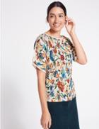 Marks & Spencer Floral Print Plisse Split Sleeve T-shirt Ivory Mix