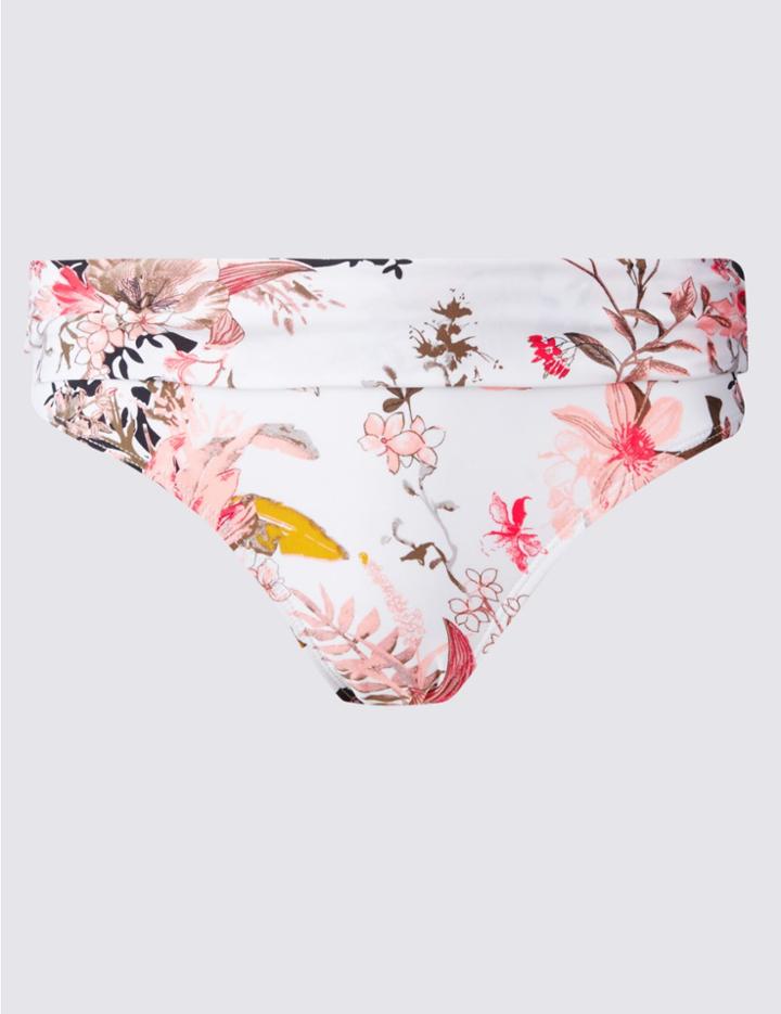 Marks & Spencer Floral Print Roll Top Hipster Bikini Bottoms Winter White