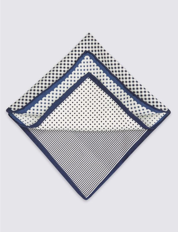 Marks & Spencer Pure Silk Printed Pocket Square Navy