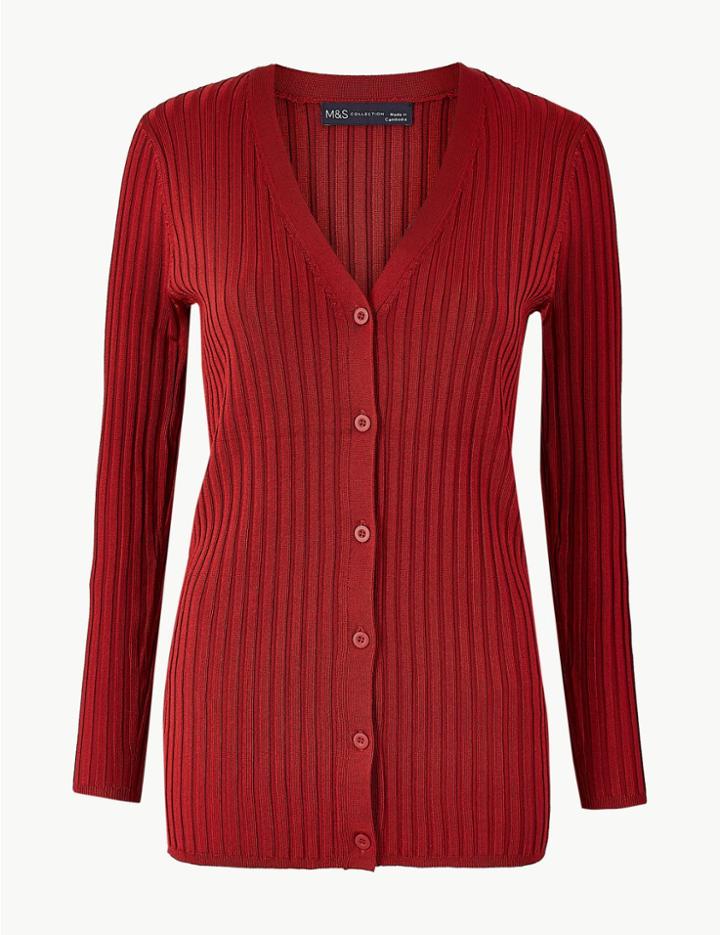 Marks & Spencer Ribbed Round Neck Cardigan Deep Red