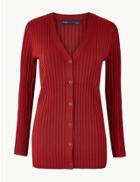 Marks & Spencer Ribbed Round Neck Cardigan Deep Red