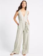 Marks & Spencer Linen Rich Striped Jumpsuit With Belt Ivory Mix
