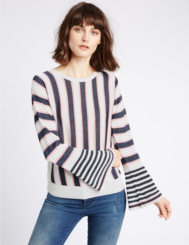 Marks & Spencer Striped Flare Cuff Round Neck Jumper White Mix