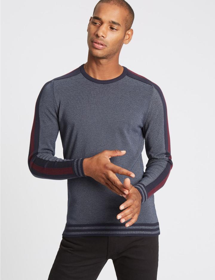 Marks & Spencer Cotton Rich Striped Slim Fit Jumper Navy Mix