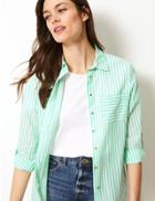 Marks & Spencer Pure Cotton Striped Long Sleeve Shirt Mint Mix