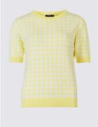 Marks & Spencer Checked Round Neck Half Sleeve Jumper Soft Yellow