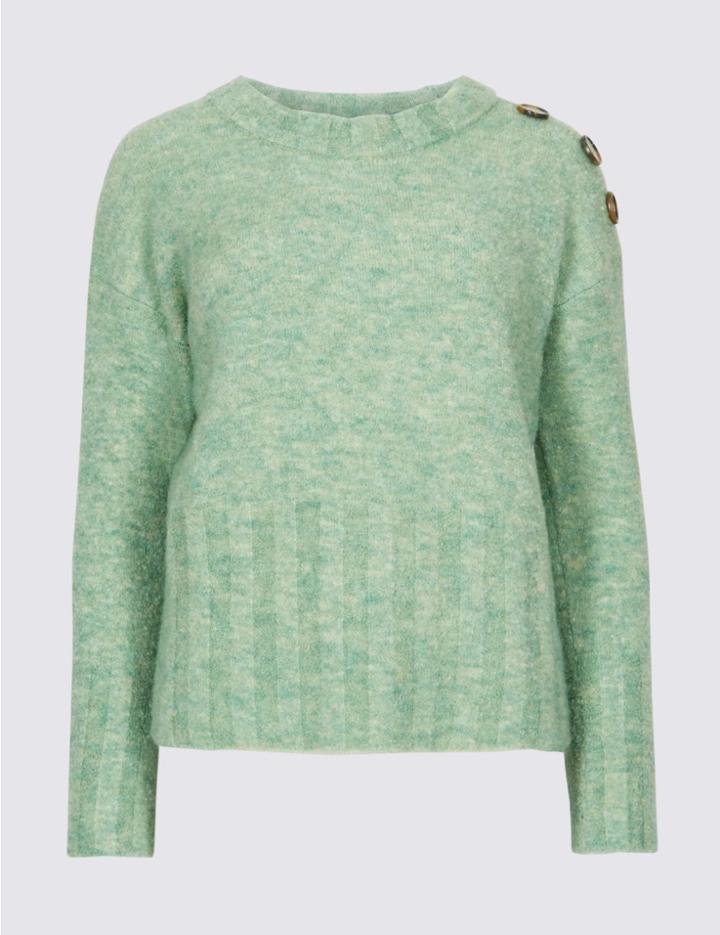 Marks & Spencer Button Shoulder Round Neck Jumper Emerald