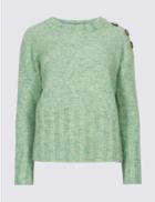Marks & Spencer Button Shoulder Round Neck Jumper Emerald