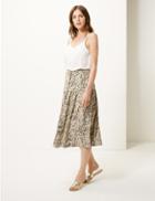 Marks & Spencer Linen Rich Animal Print A-line Midi Skirt Black Mix