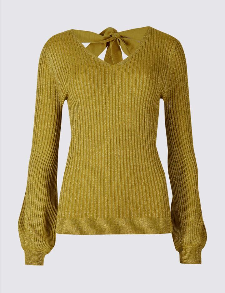 Marks & Spencer Ribbed Tie Back V-neck Bubble Sleeve Jumper Ochre