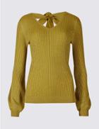 Marks & Spencer Ribbed Tie Back V-neck Bubble Sleeve Jumper Ochre
