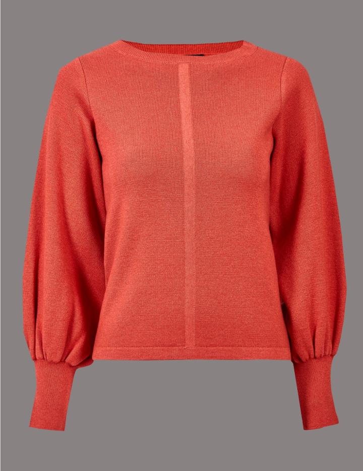 Marks & Spencer Wool Blend Textured Bell Sleeve Jumper Flame