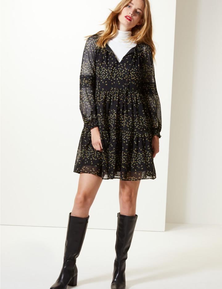 Marks & Spencer Floral Print Long Sleeve Drop Waist Dress Black Mix