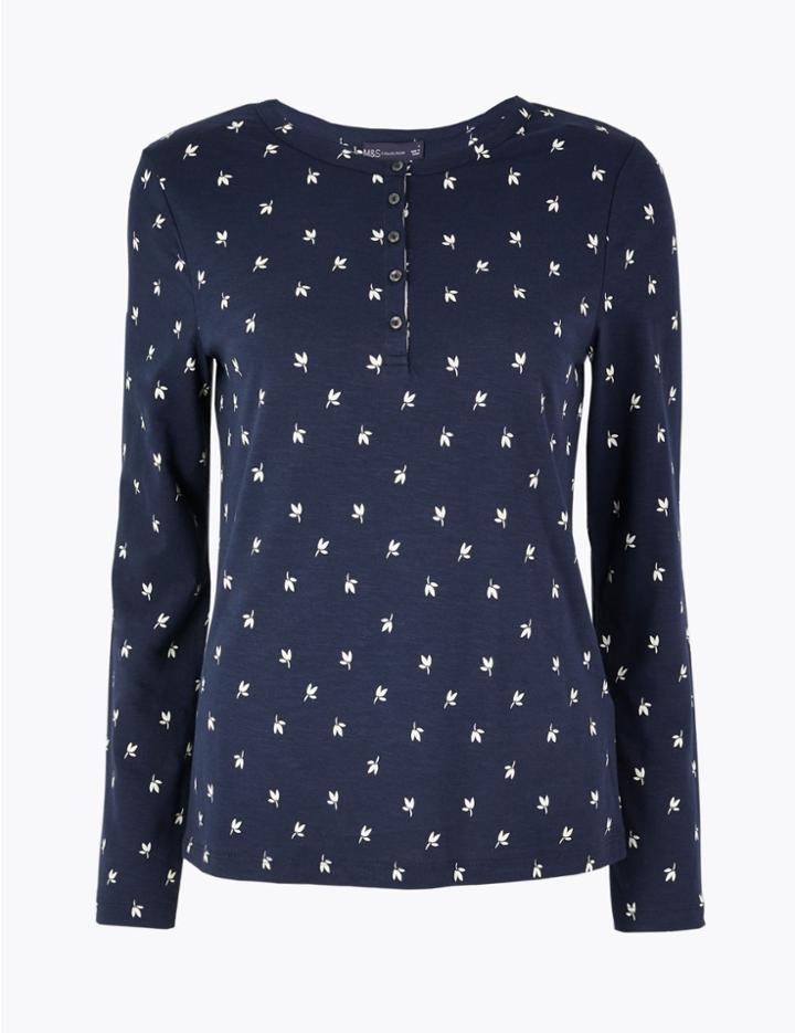 Marks & Spencer Pure Cotton Floral Long Sleeve Top Navy Mix