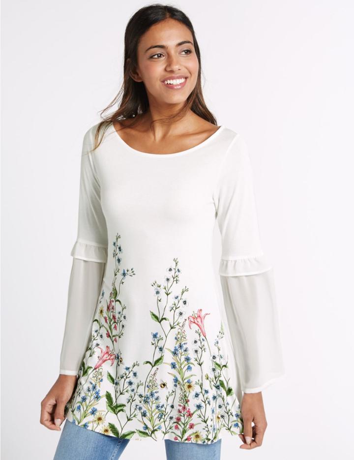 Marks & Spencer Floral Print Flared Sleeve Slash Neck Tunic Ivory Mix