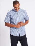Marks & Spencer Pure Cotton Striped Shirt With Pocket Light Airforce