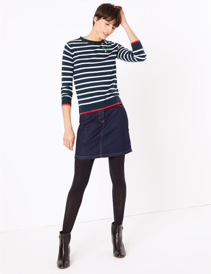 Marks & Spencer Striped Holly Embellished Christmas Jumper Navy Mix