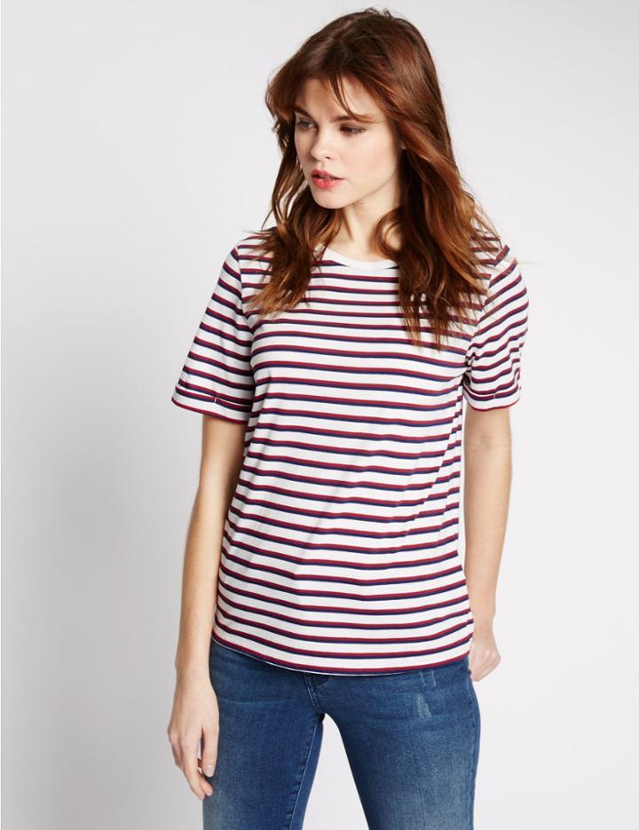 Marks & Spencer Modal Blend Striped Short Sleeve T-shirt Ivory Mix