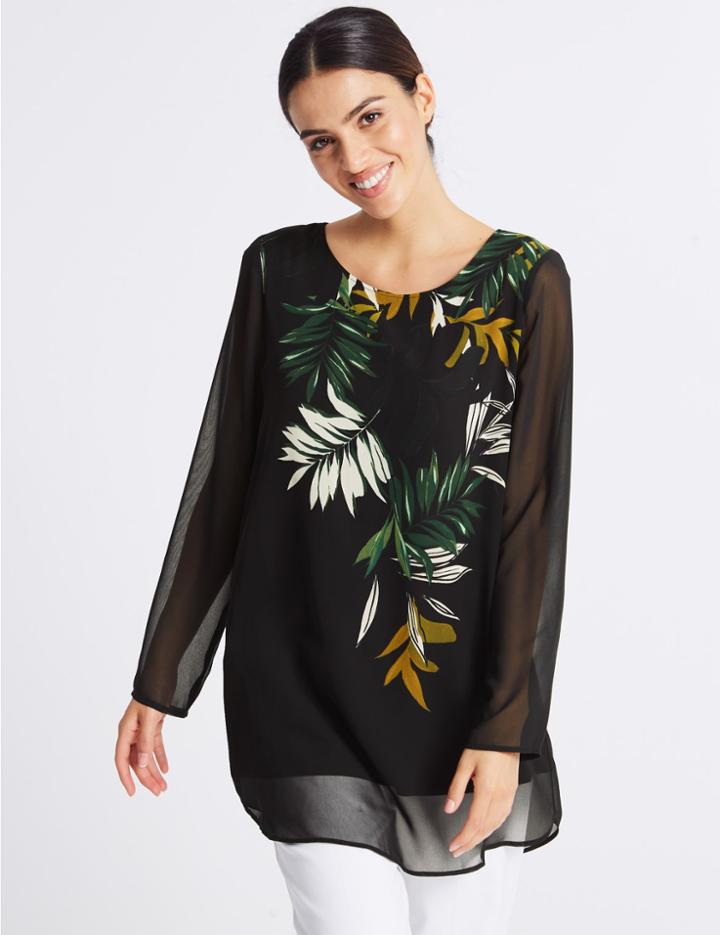 Marks & Spencer Chiffon Printed Longline Long Sleeve Tunic Black Mix