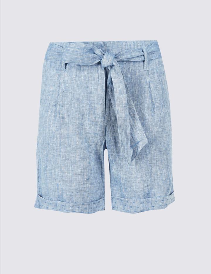 Marks & Spencer Pure Linen Textured Casual Shorts Blue Mix