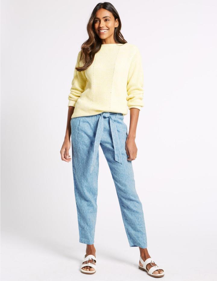 Marks & Spencer Pure Linen Peg Trousers Blue Mix