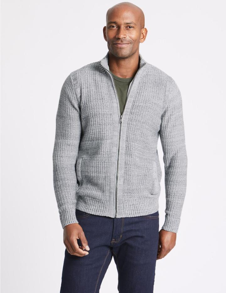 Marks & Spencer Pure Cotton Textured Zip Through Cardigan Natural Mix