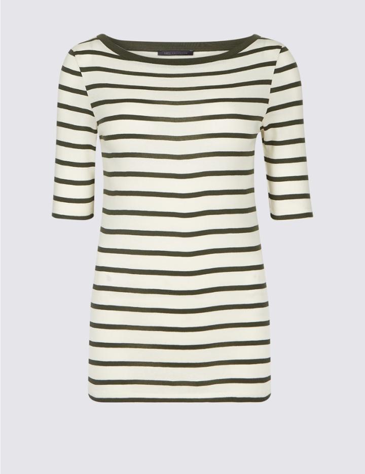 Marks & Spencer Pure Cotton Striped Half Sleeve T-shirt Khaki Mix