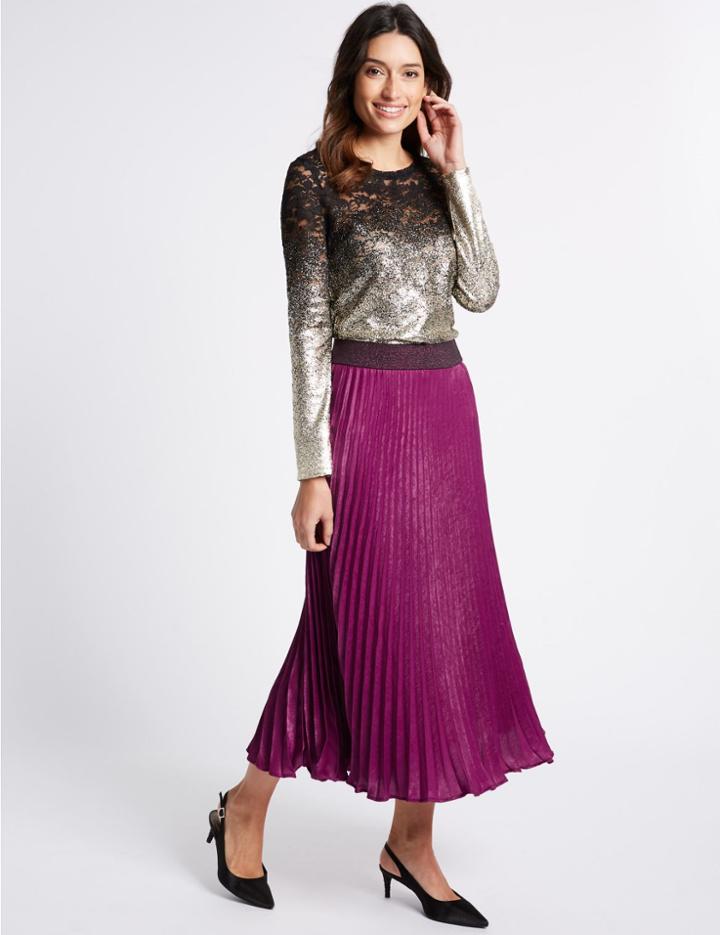 Marks & Spencer Pleated A-line Midi Skirt Magenta
