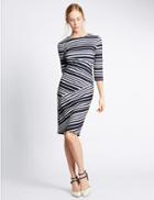 Marks & Spencer Striped 3/4 Sleeve Bodycon Dress Navy Mix