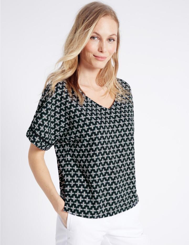 Marks & Spencer Geometric Print Short Sleeve Shell Top Navy Mix