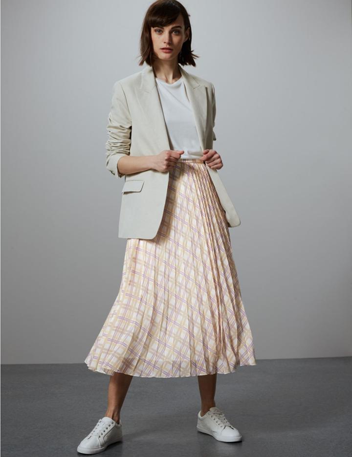 Marks & Spencer Checked Pleated Midi Skirt Ivory Mix